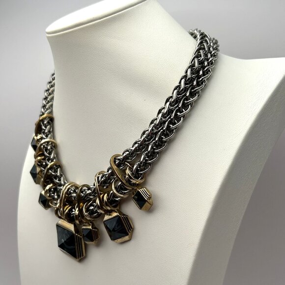 Zara Statement Necklace Silver Gold Tone Chunky Chain Geometric Charms Bold - Picture 3 of 13